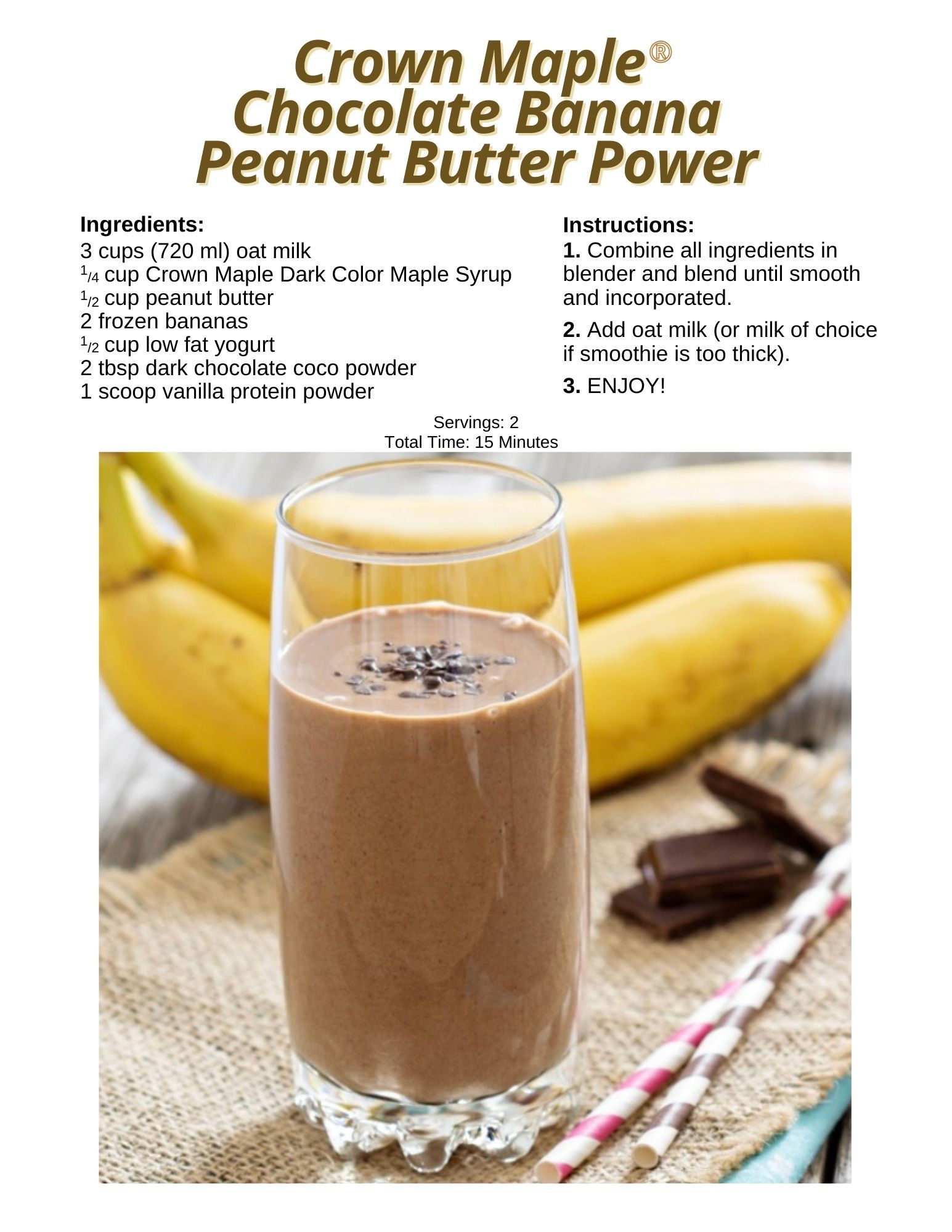 Chocolate, Bananas, and straws sitting behind & beside a tall glass of Chocolate Banana Peanut Butter Power (a refreshing drink!)